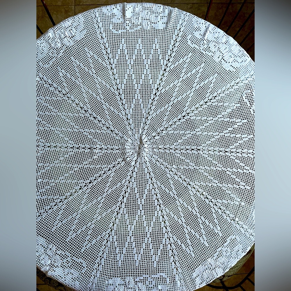 Handmade crocheted 60” round table cloth in white with grape detail